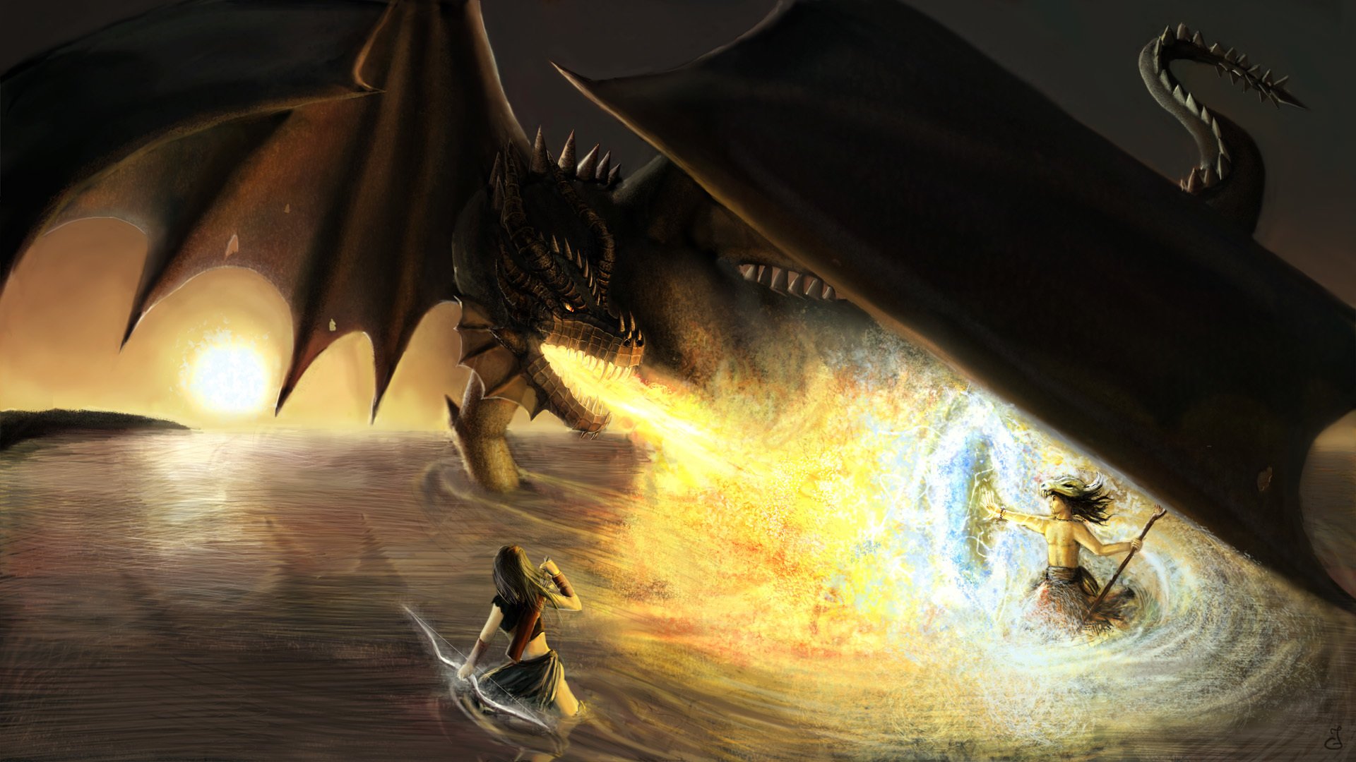 fiction art dragon fire-breathing fire wings warriors shield weapon sword