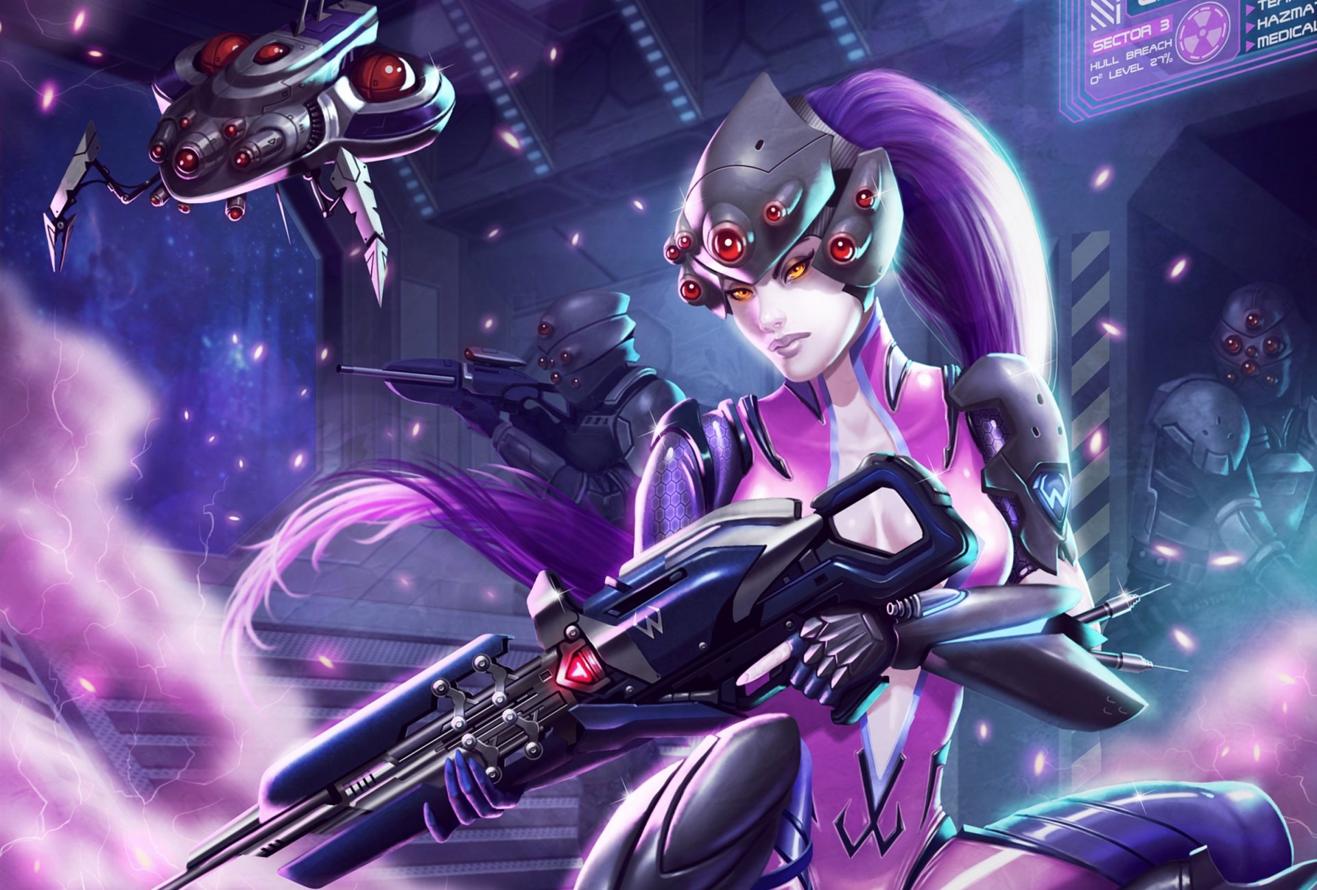 ventisca overwatch widowmaker viuda ficción arte chica. mirada traje arma