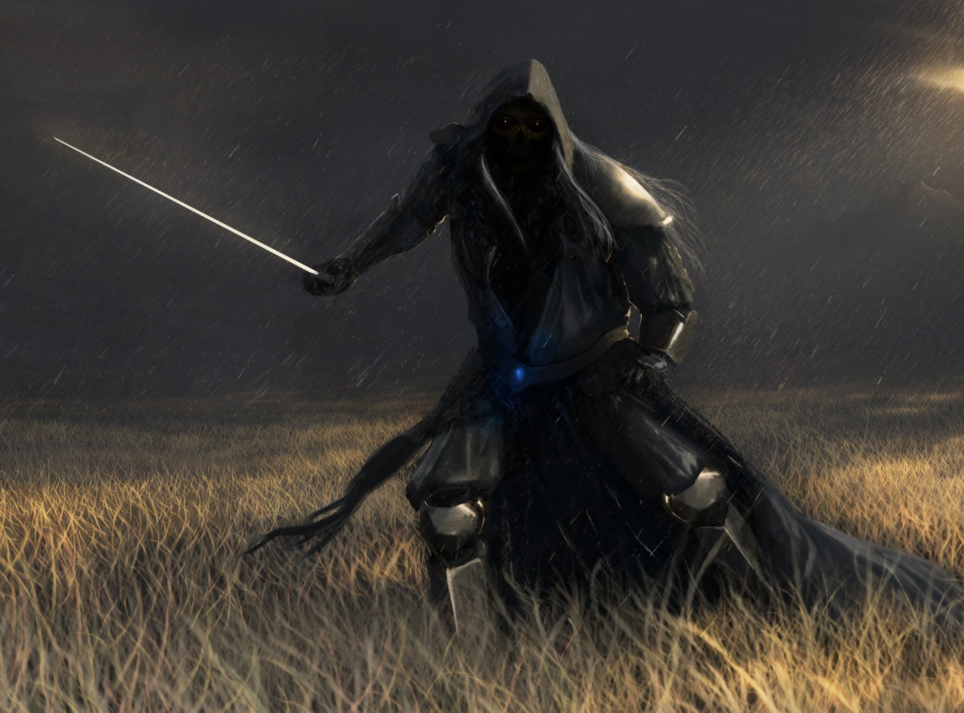 campo spada uomo cappuccio oscurità arte cranio uomo morto pioggia