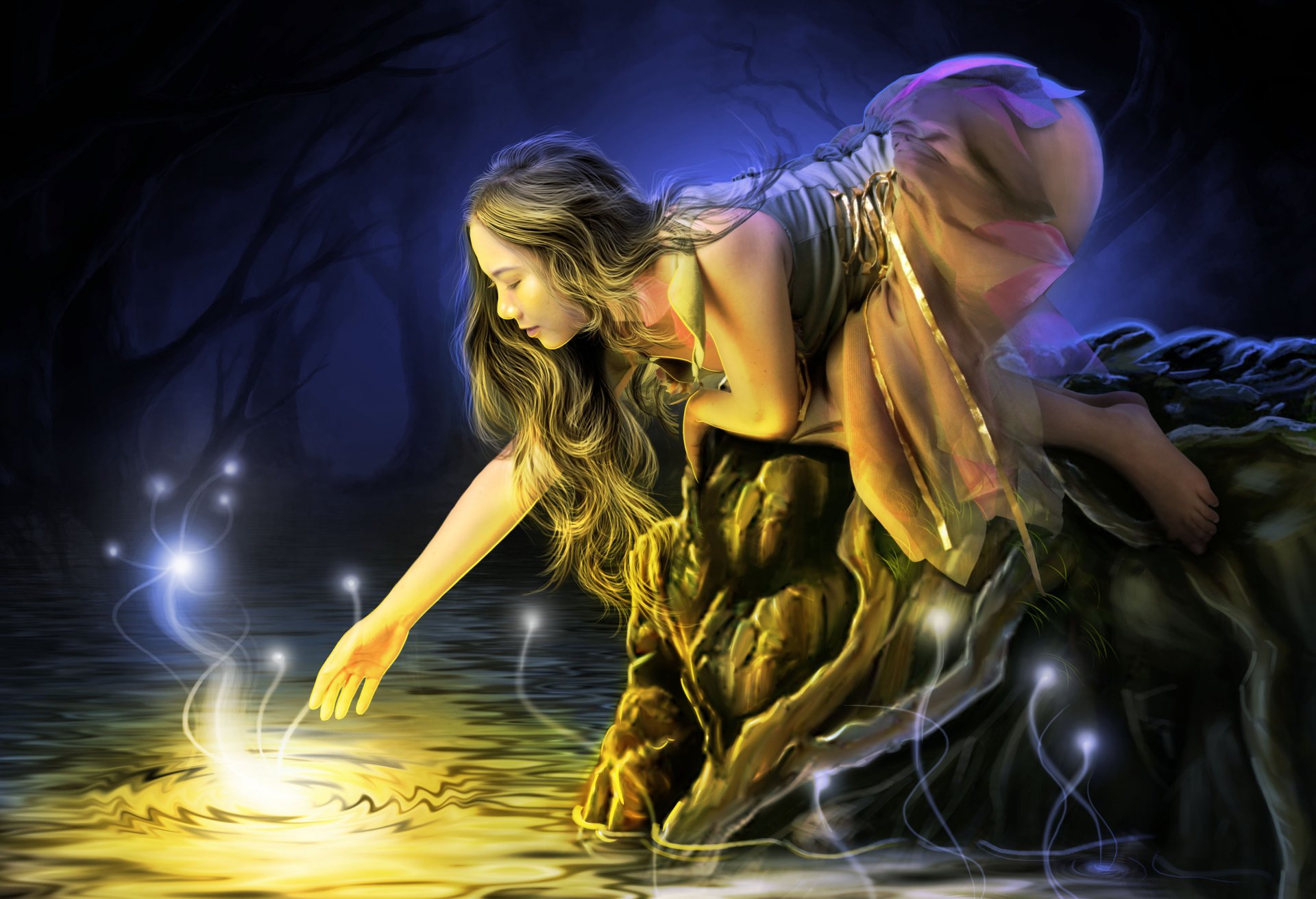 girl long hair face section dress stretches water lights light tree