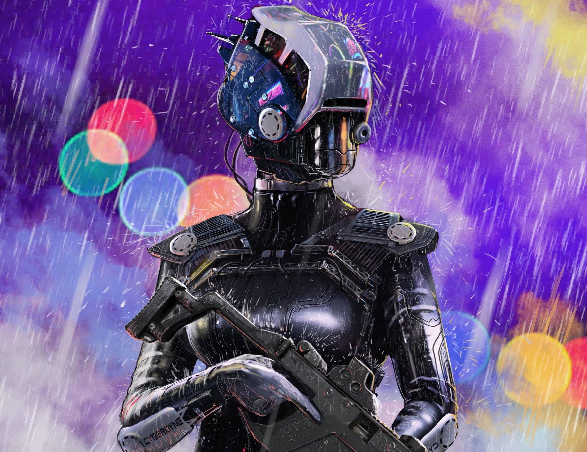 fiction sci-fi art armour helmet weapon rain light