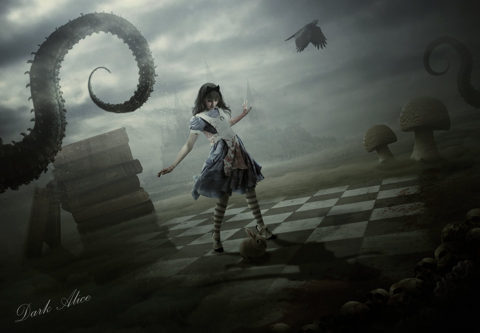 sombre alice fan art alice alice au pays des merveilles tentacule lapin champignon crâne château livres fille robe