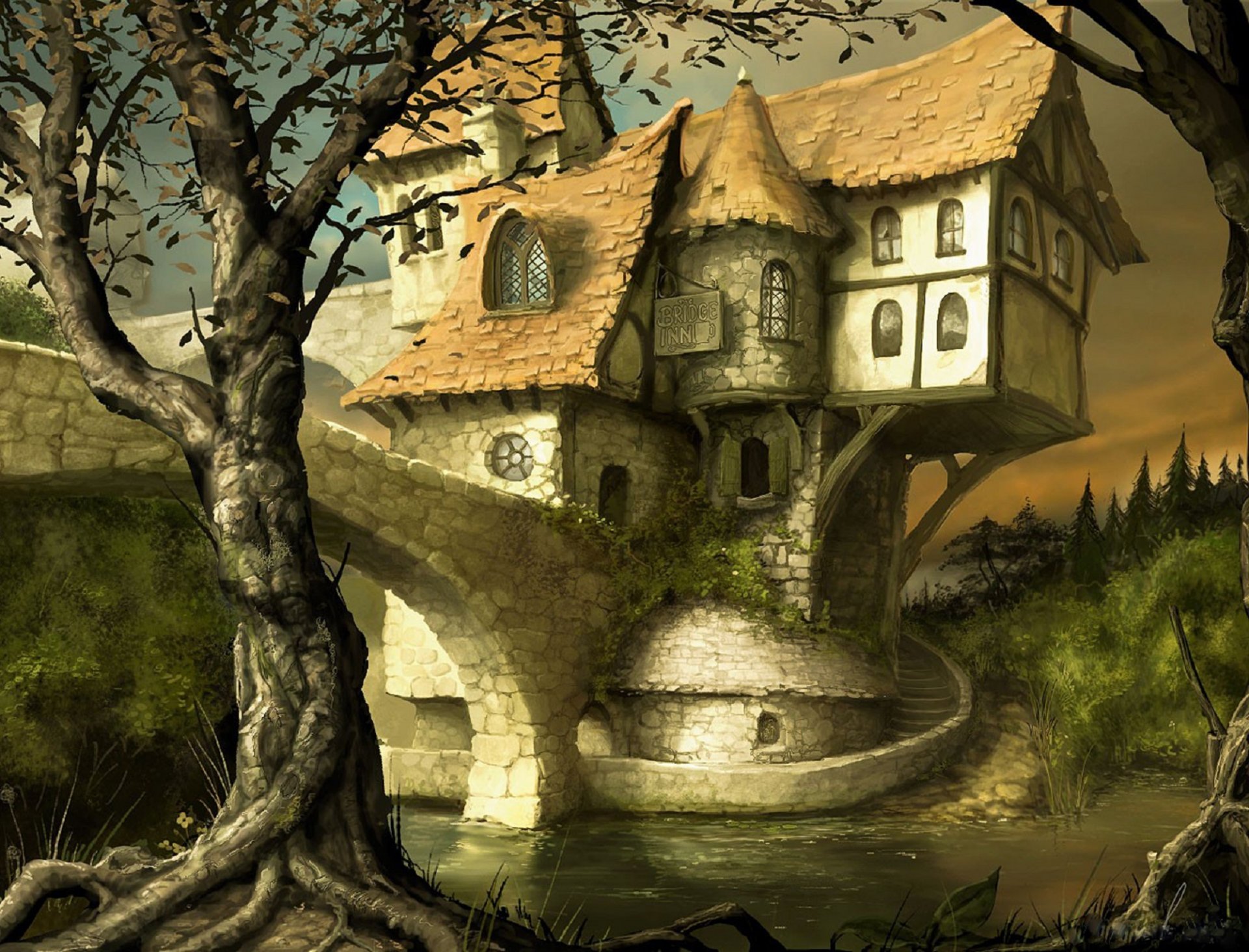 grafica mondi fantasy casa delle fate castello sfondo marrone chiaro