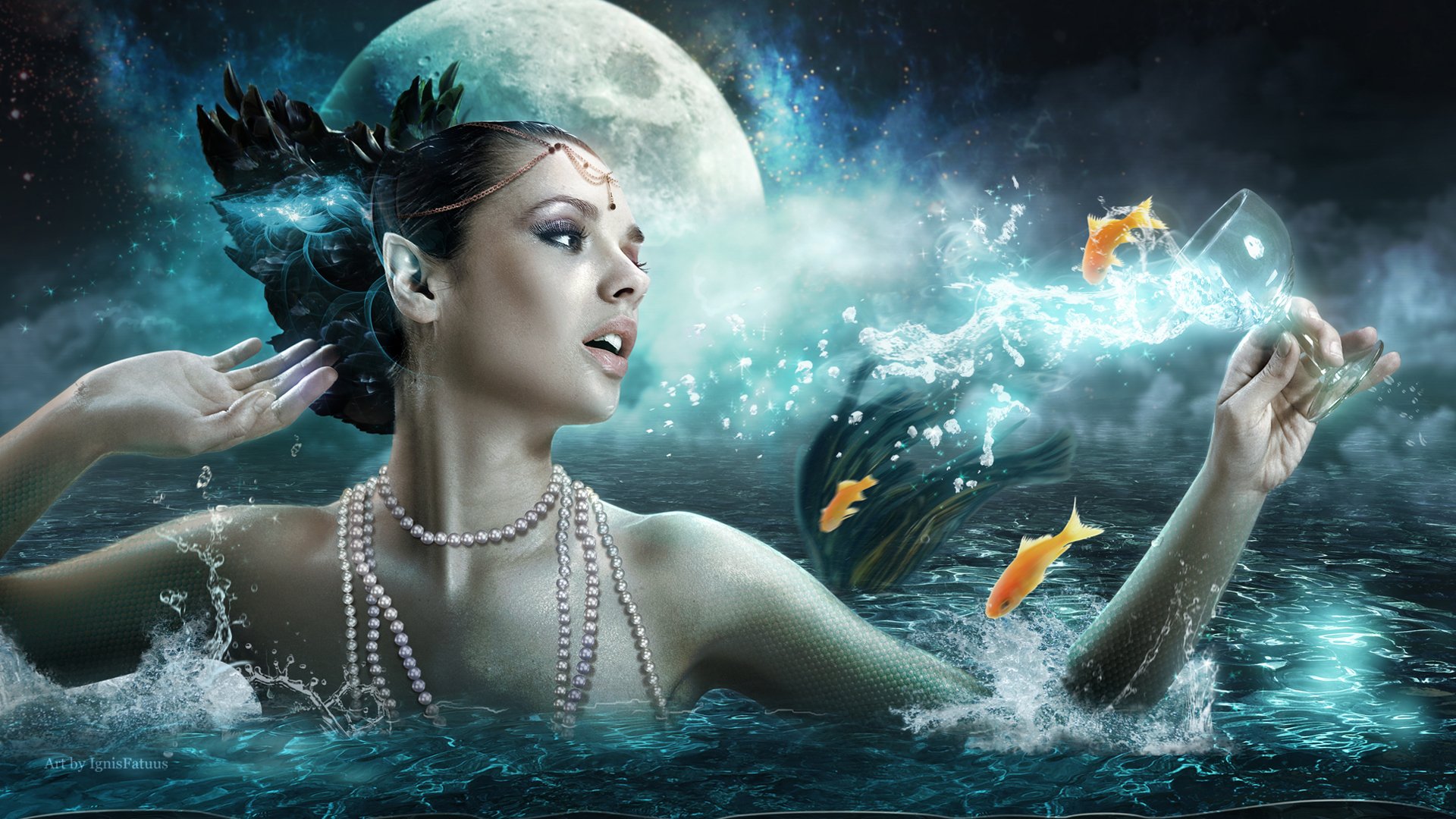 fantasy girl sea art moon fish fish