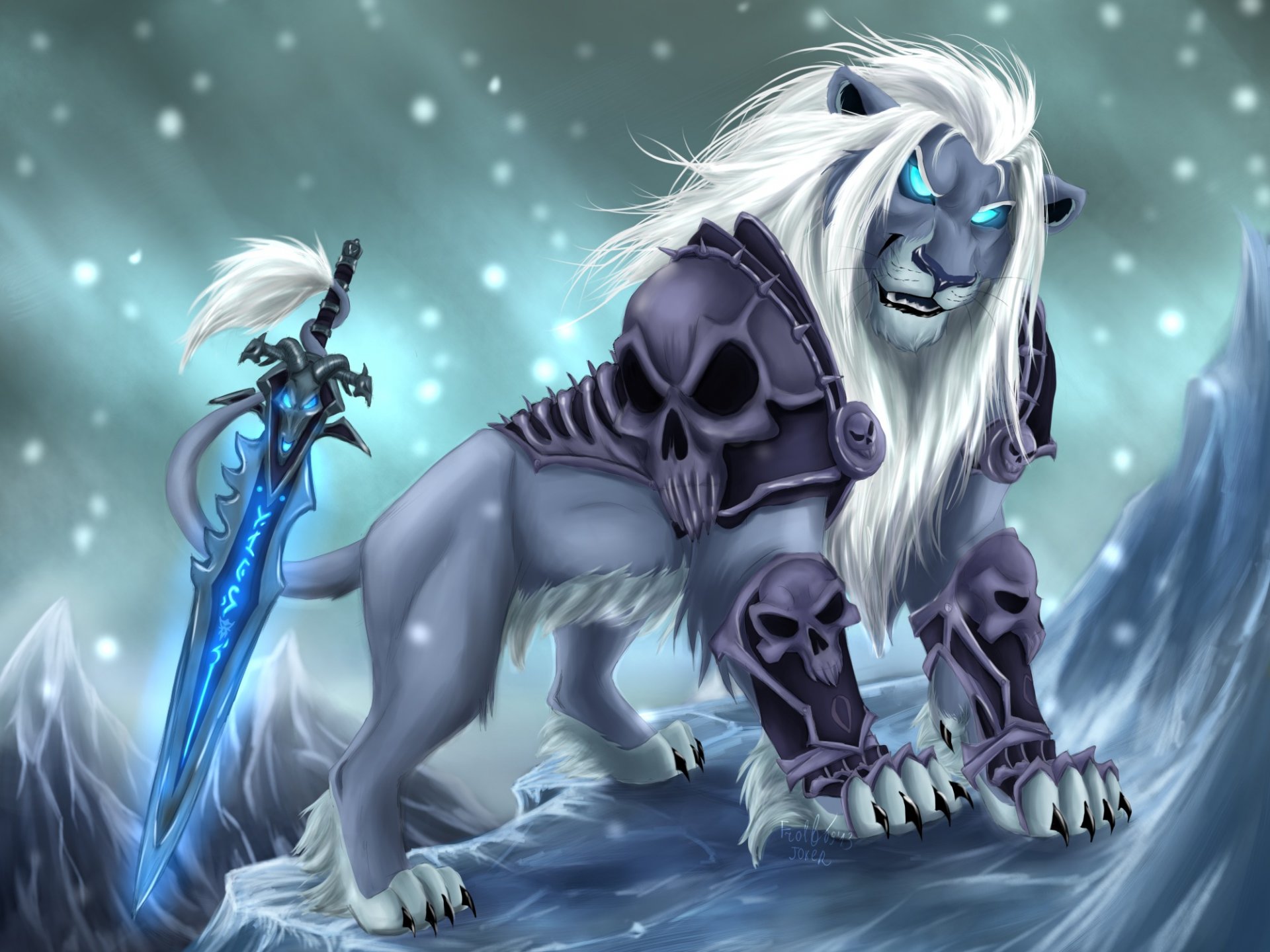 arte león melena mirada armadura cráneos espada armas magia frío nieve