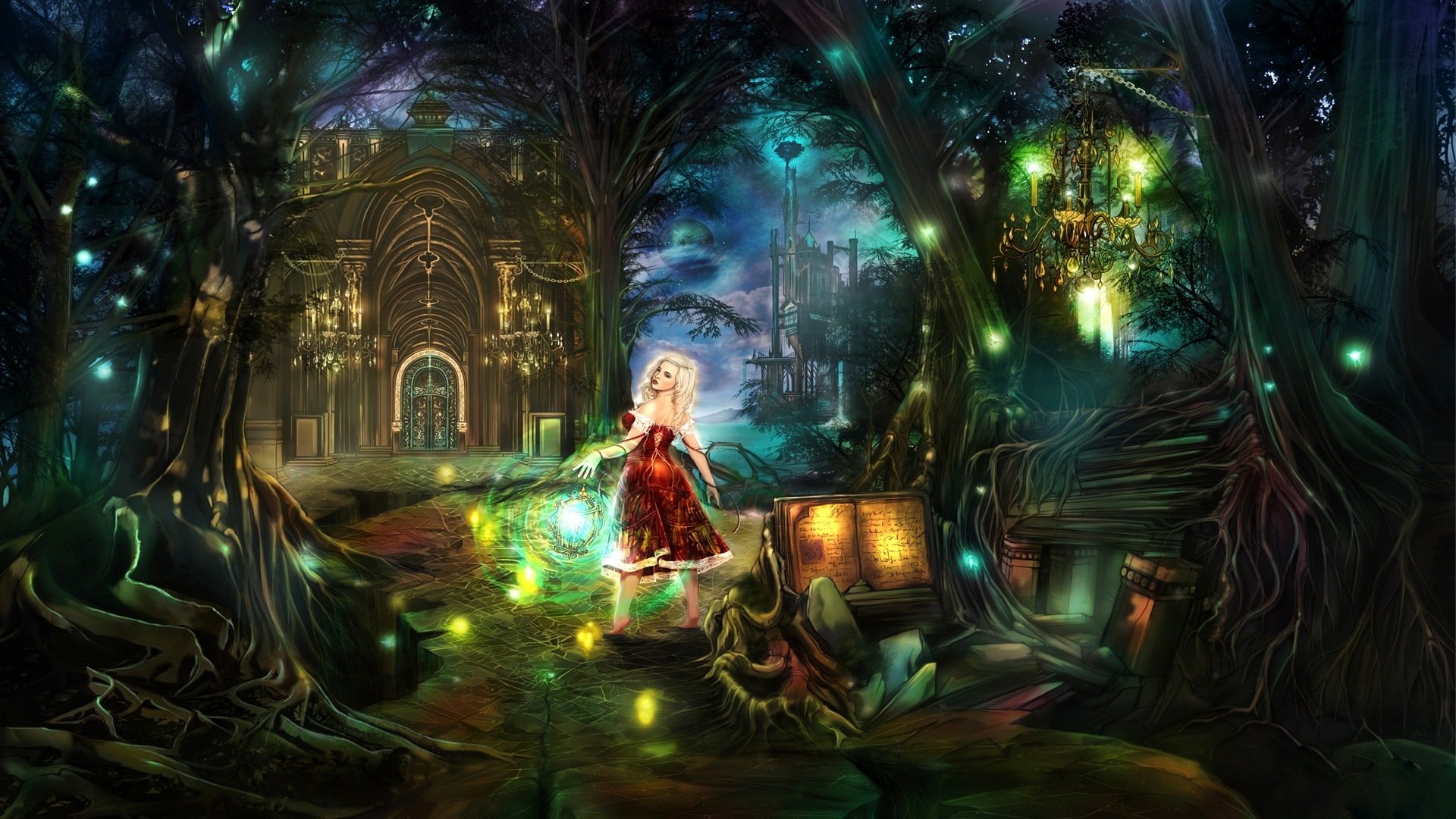 girl dress light forest castle magic