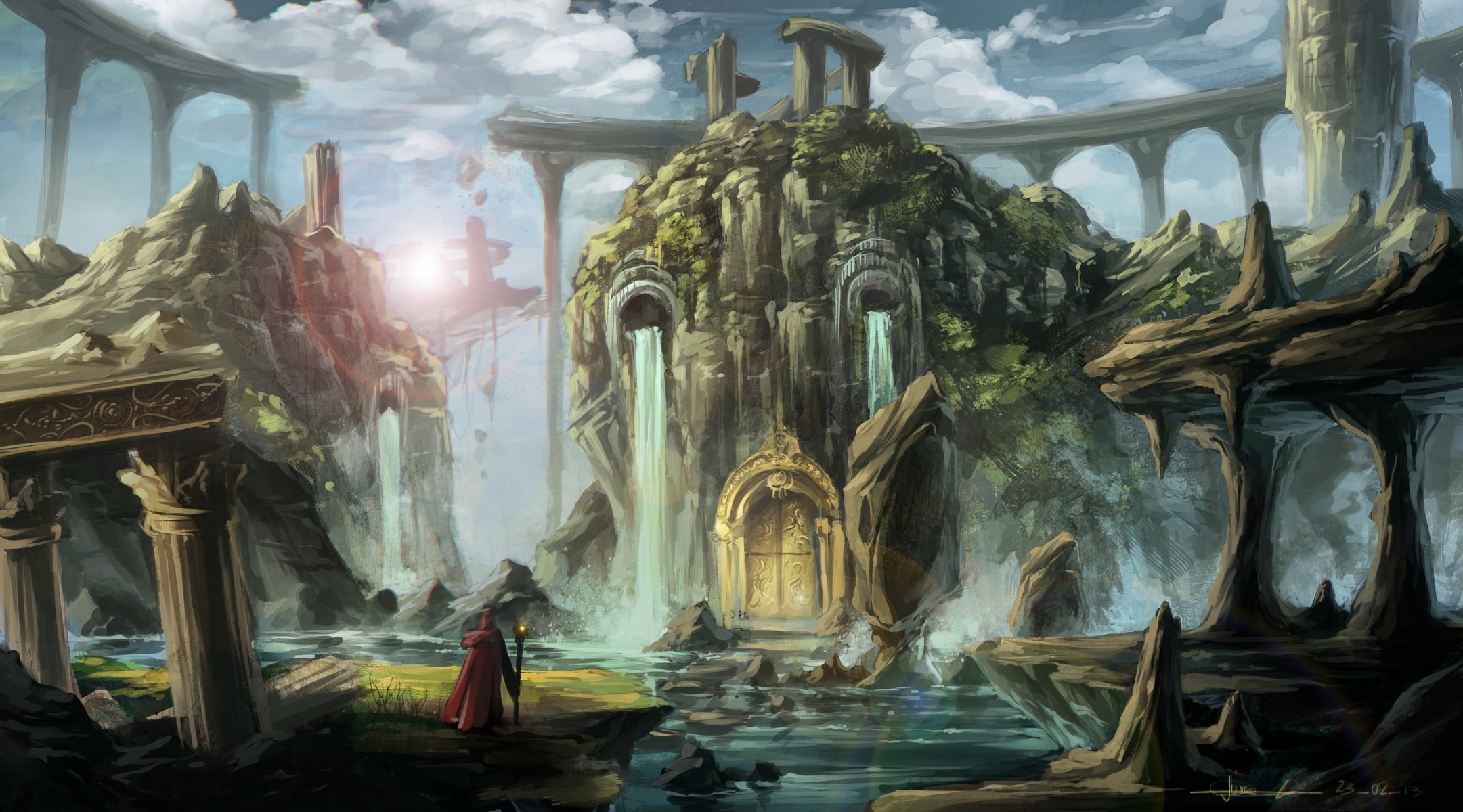 art fantasy world ruins man input doors waterfalls water lake