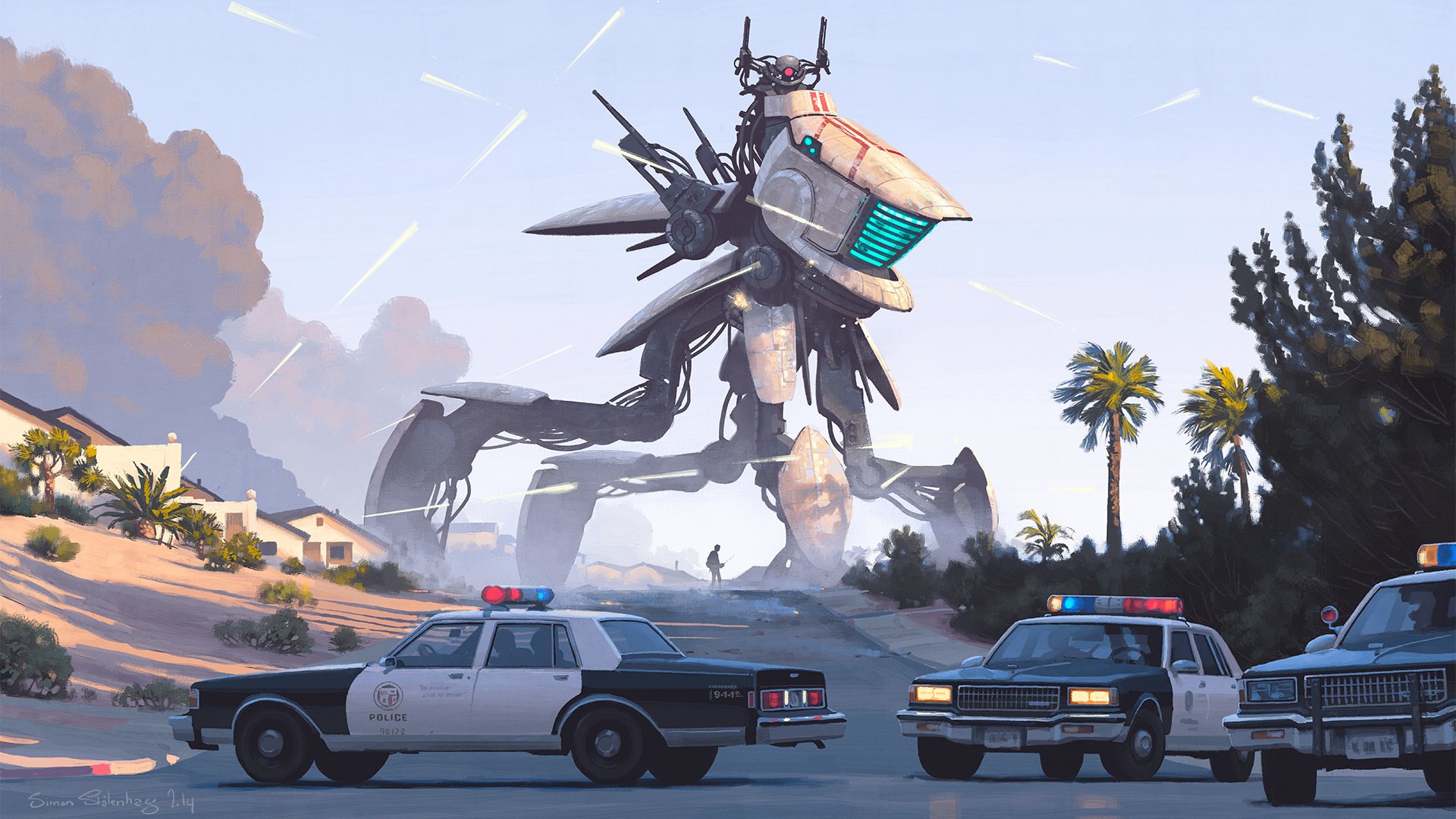 imon stålenhag simon stålenhag artysta sztuka fikcja robot policja ostrzał domki