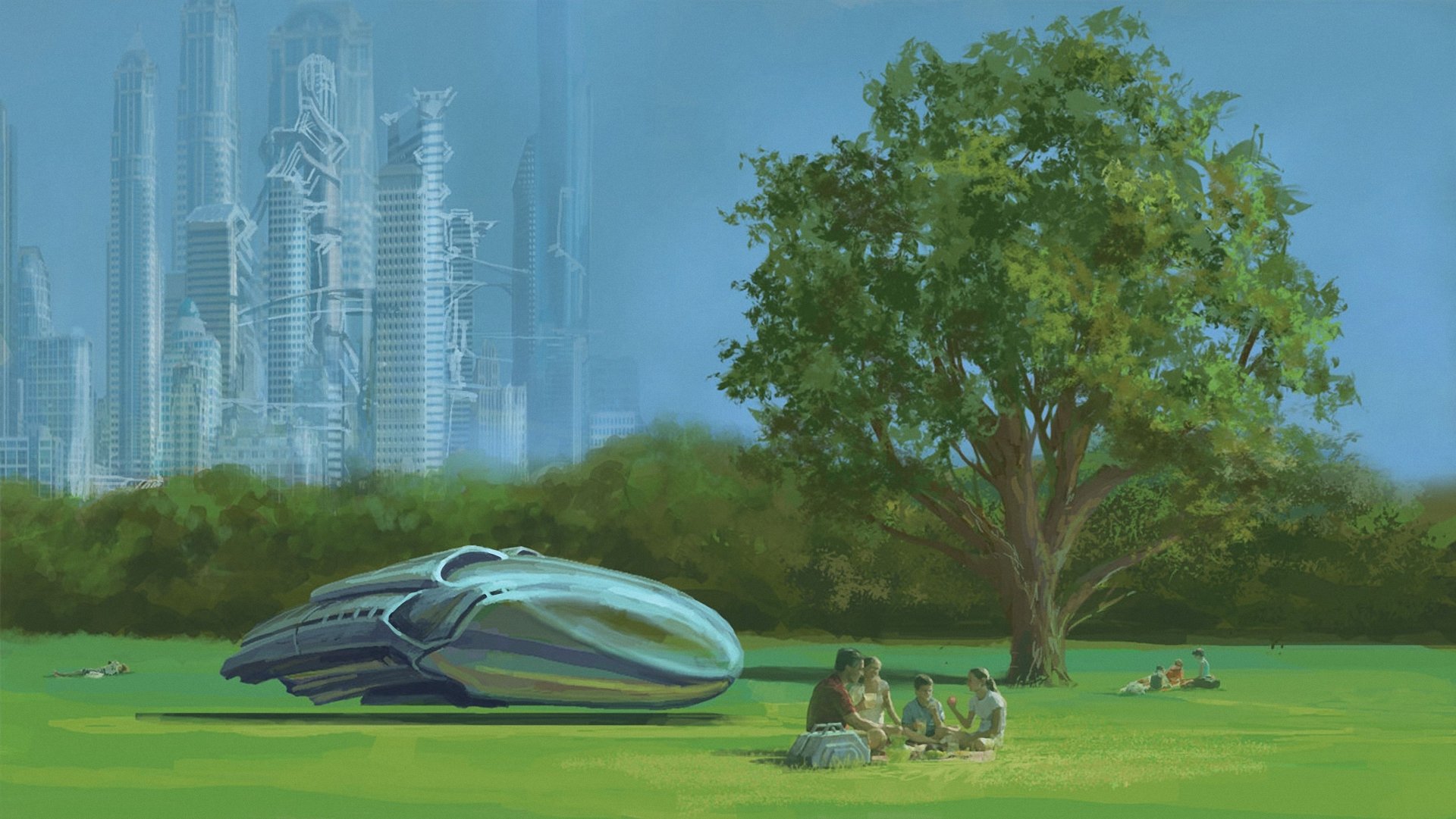 arte futuro metrópolis barco transporte familia picnic árbol