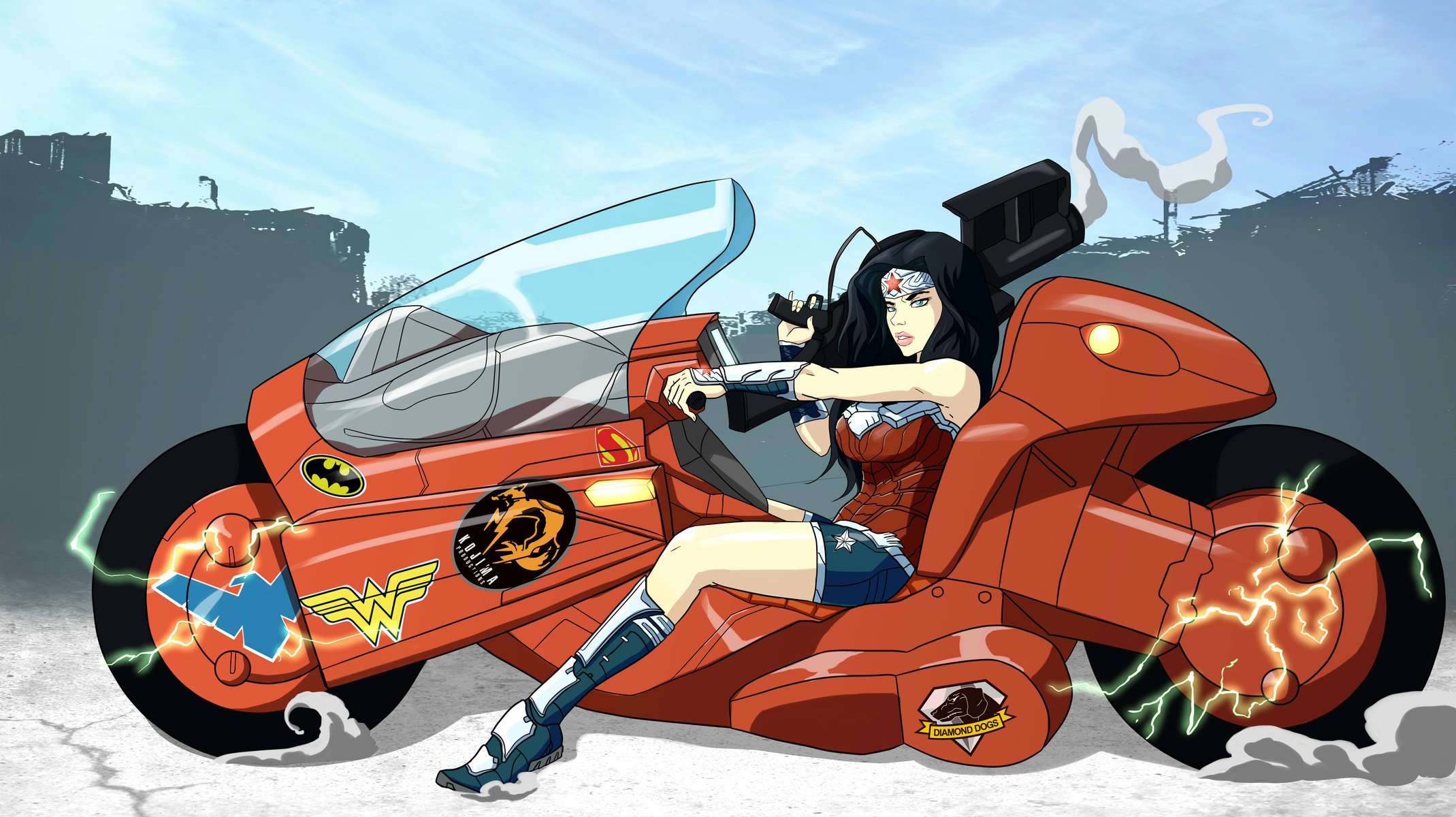 erstaunliche frau wonder woman justice league fahrrad dc comics akira fan art mädchen motorrad kojima productions diamond dog