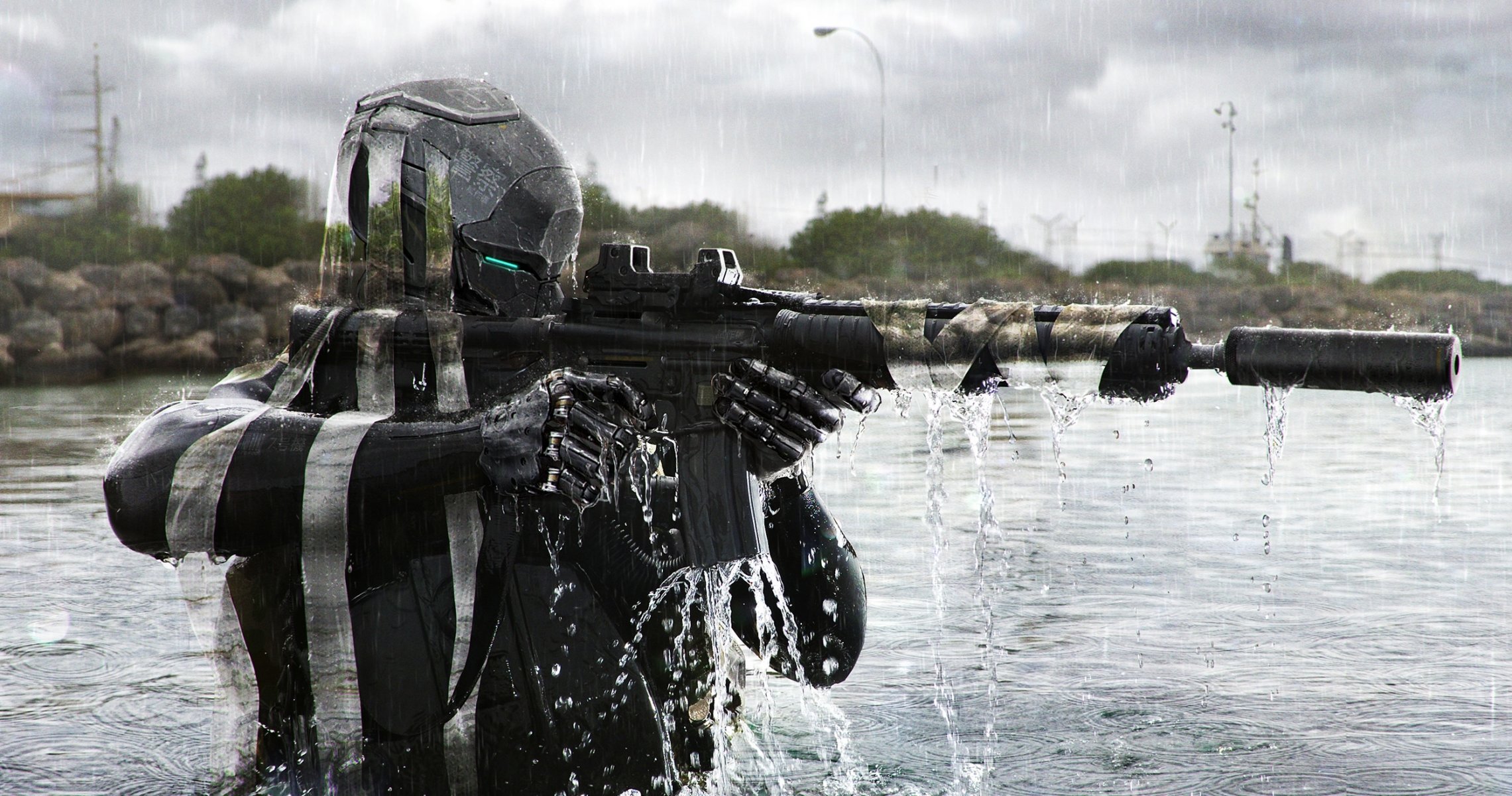 men fiction machine water camouflage river helmet phantom