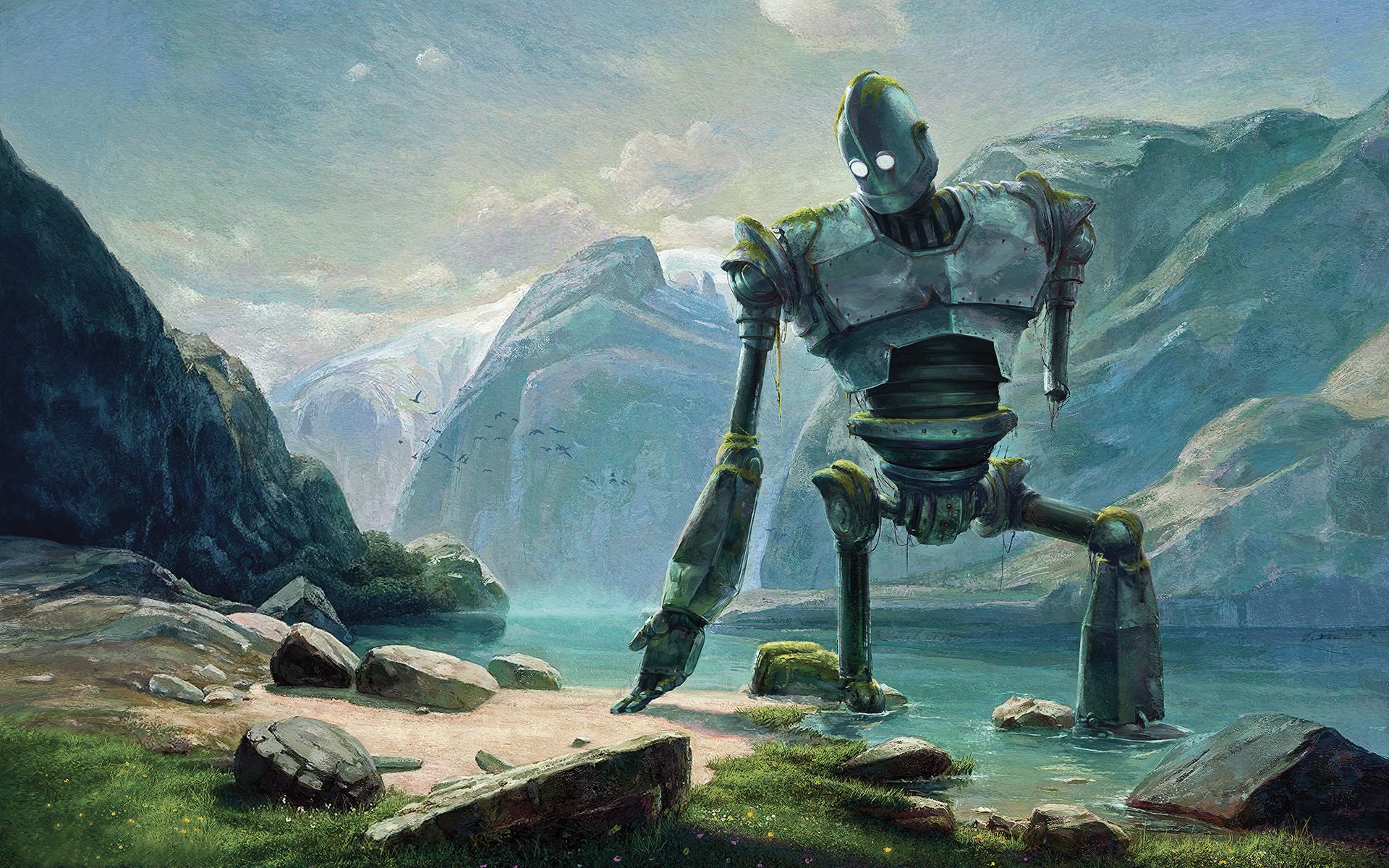 giant robot mountains river shore steel giant