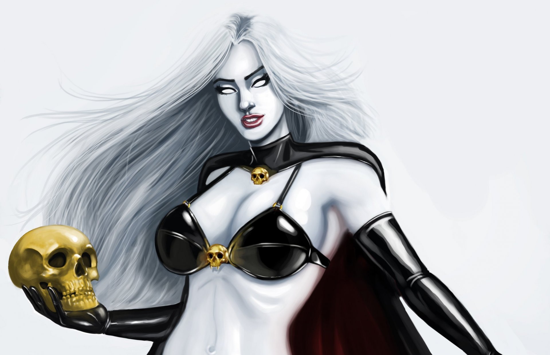 lady death fantasy kunst blick weiße augen haare schädel comic