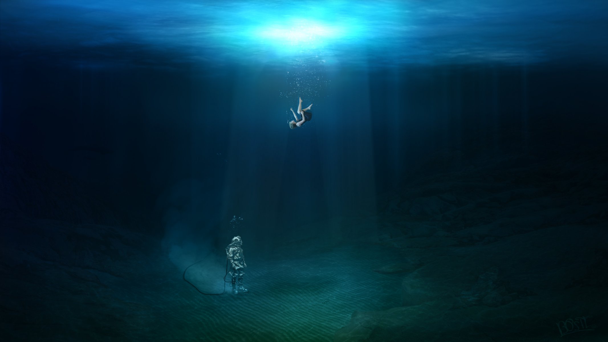 feel me gusta caída comercial buceo photoshop chica agua océano aire olas hd buceador fondo luz