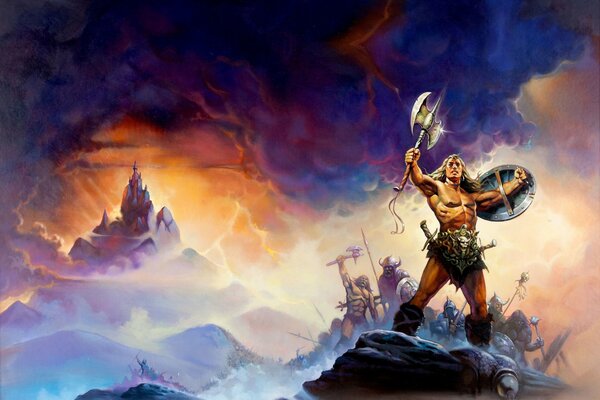 Conan el bárbaro levanta el hacha de guerra
