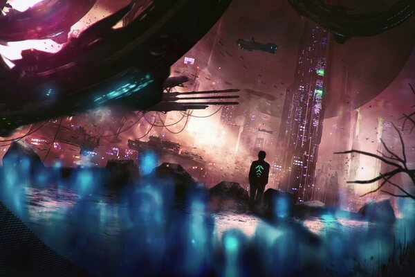 A sci-fi world. A man on the background of skyscrapers