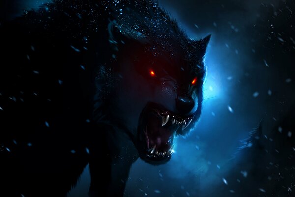 A wolf with red eyes and a metallic grin