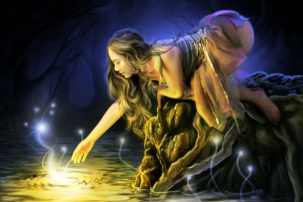 Fantasy, Dziewczyna z długimi włosami, strumień Las noc świetliki