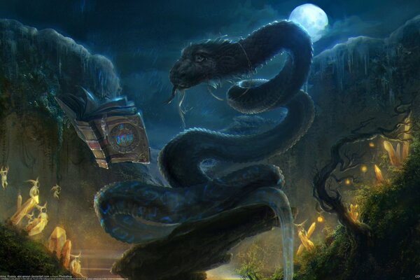 A magic snake with a book in the moonlight