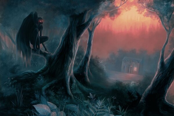 Dämon, der nachts auf einem Baum sitzt