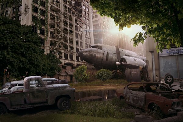 Art apocalyptique avec des voitures et des avions