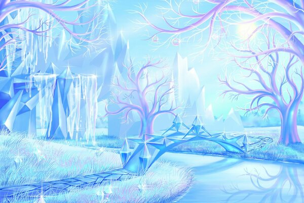 The fabulous winter forest was bound by blue ice