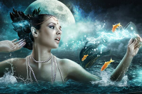 The daughter of the sea bathes in the moonlight and drinks magic wine