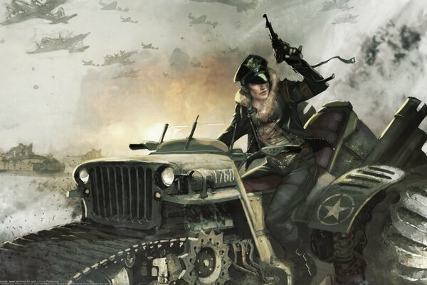 The girl and the jeep are at war