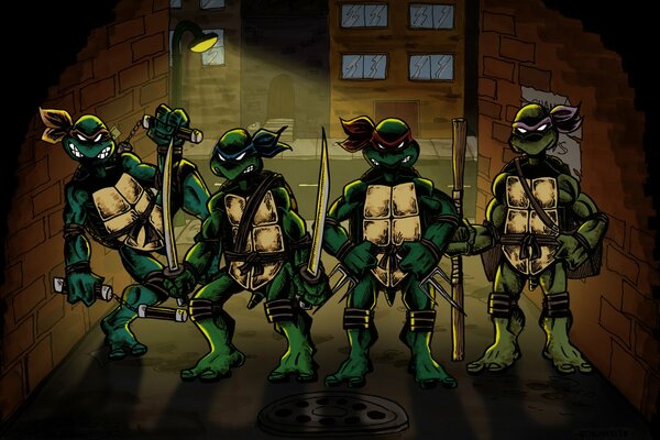 Teenage Mutant ninja Turtles en la calle a la luz de una linterna