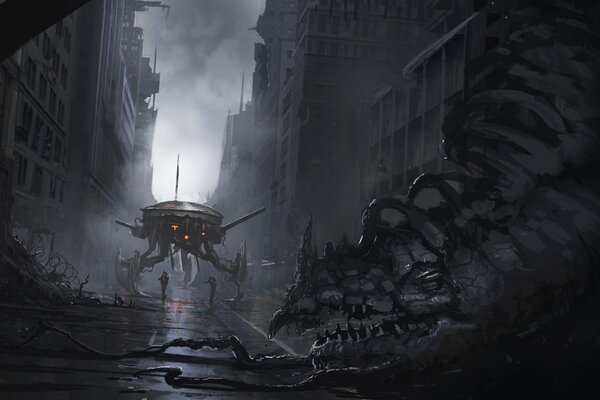 The street of the future, destroyed buildings with creatures and monsters