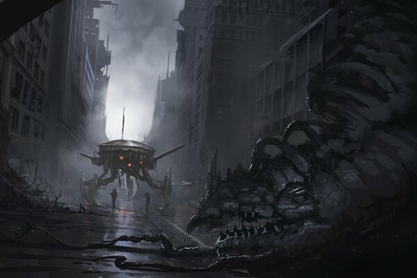 Ulica przyszłości, zniszczone budynki ze stworzeniami i potworami