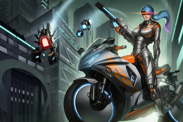 A girl with a gun in an armored suit on a motorcycle and robots