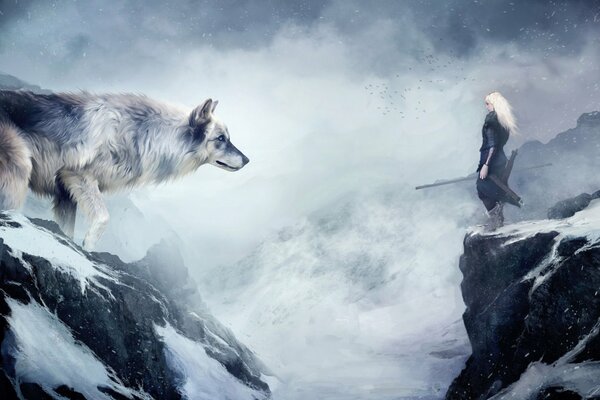 Lobo de nieve de montaña vs hombre