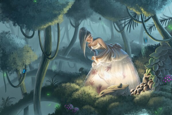 A girl in a white dress in a fairy forest