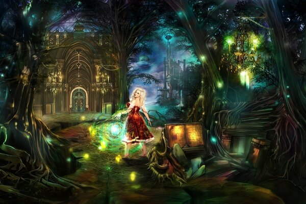 Chica en un castillo con un bosque mágico