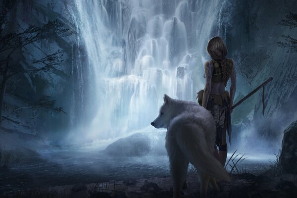 Ein Mädchen mit einem weißen Wolf steht am Wasserfall