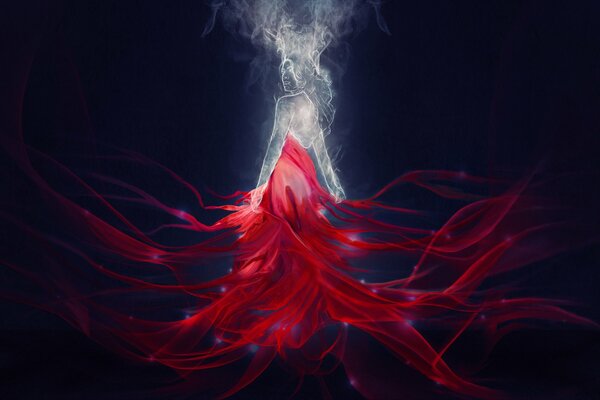 The girl from the smoke in a red dress