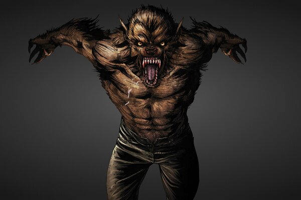 A werewolf in a rage on a dark background