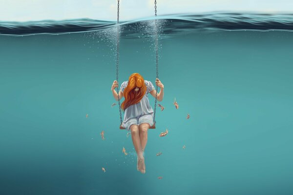 Red-haired girl on a swing in the water