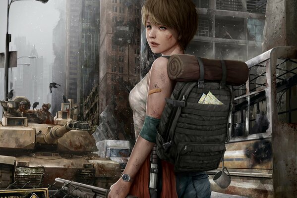 A girl wanderer in a post-apocalyptic world