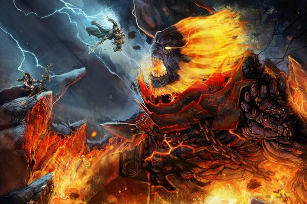 The battle of warriors with a lion. Fantasy art