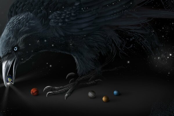 A black raven holds a planet in its beak