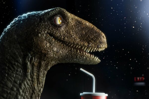 A happy dinosaur drinks a drink at night