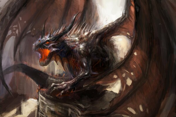 A dragon with a flaming mouth, huge wings in brown tones
