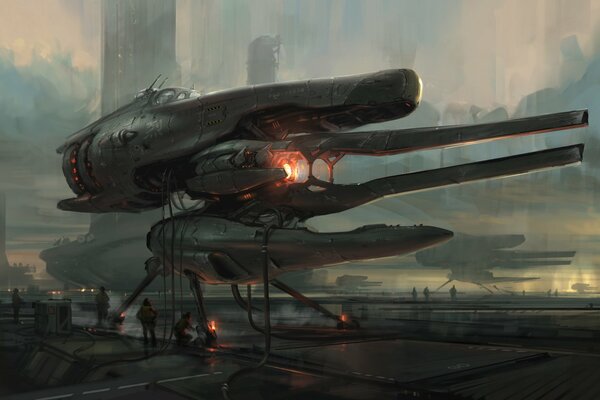 A fantastic flying machine from the future in gray tones