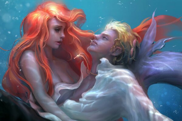 Mermaid with her boyfriend in the ocean