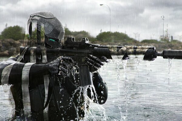 Stojący na wpół w wodzie fantastyczny żołnierz z karabinem maszynowym w ręku