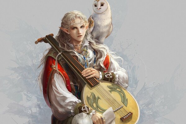 Badr with a lute and an owl on his shoulder