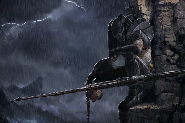 Predator with a spear on the background of a thunderstorm