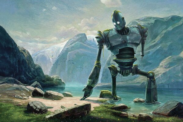 Giant broken robot on the background of nature